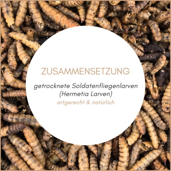 Getrocknete Larven der Schwarzen Soldatenfliege mit Etikett 'ZUSAMMENSETZUNG: getrocknete Soldatenfliegenlarven (Hermetia-Larven)'.