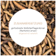 Getrocknete Larven der Schwarzen Soldatenfliege mit Etikett 'ZUSAMMENSETZUNG: getrocknete Soldatenfliegenlarven (Hermetia-Larven)'.