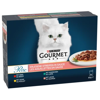 Purina Gourmet Katzenfutterbox mit einer weißen Katze mit grünen Augen, die die "Perle"-Auswahl mit verschiedenen Fleischoptionen in Sauce zeigt.