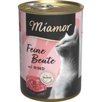 Puszka karmy Miamor z napisem "Feine Beute mit RIND", biały kot o niebieskich oczach, obraz surowej wołowiny i odznaka "Taurin".