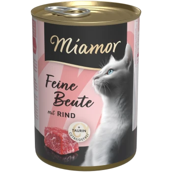 Dose Miamor Katzenfutter mit Aufschrift 'Feine Beute mit RIND', weiße blauäugige Katze, Bild von rohem Rindfleisch und 'Taurin'-Abzeichen