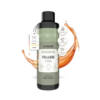 Flasche Alphazoo Fellliebe Haustierfutteröl mit orangem Spritzer, gekennzeichnet für gesunde Haut und Fell, natürliche Rezeptur, ohne Zusatzstoffe.