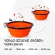 Zwei zusammenklappbare orangefarbene Haustierschalen mit schwarzen Rändern, beschriftet mit "Verschiedene Größen Verfügbar" und Größen: 350 ML, 1000 ML, 1500 ML, 2000 ML.