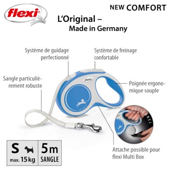 Laisse de chien Flexi en bleu et gris, avec une poignée ergonomique, une sangle robuste et un système de freinage confortable ; convient aux chiens jusqu'à 15 kg.