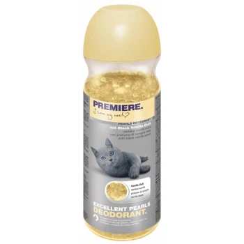 Excellent Pearls Deodorant 250g Vanille Flasche mit Premiere Pearls Deodorant mit schwarzem Vanilleduft, mit einer grauen Katze und gelben Duftperlen im Inneren.