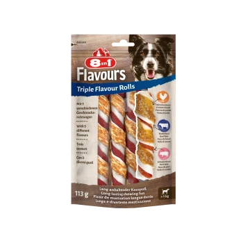 8in1 Flavours Triple Rolls Paket mit Huhn, Rind und Schwein Kauknochen. Text: "Langanhaltender Kau-Spaß." 113g.