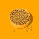 Eine leuchtend orange Schüssel, gefüllt mit kleinen, herzförmigen Haustierfutterkroketten, mit einigen verstreuten Stückchen auf einem passenden orangefarbenen Hintergrund.