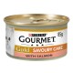 A can of Purina Gourmet Gold Savoury Cake with Salmon, 85g, featuring a white cat image on the label.