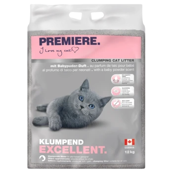 Beutel mit klumpendem Katzenstreu, auf dem eine graue Katze liegt, mit dem Text "PREMIERE. Ich liebe meine Katze" und "KLUMPENDES KATZENSTREU" in Pink.