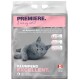 Beutel mit klumpendem Katzenstreu, auf dem eine graue Katze liegt, mit dem Text "PREMIERE. Ich liebe meine Katze" und "KLUMPENDES KATZENSTREU" in Pink.