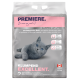 Beutel mit klumpendem Katzenstreu, auf dem eine graue Katze liegt, mit dem Text "PREMIERE. Ich liebe meine Katze" und "KLUMPENDES KATZENSTREU" in Pink.