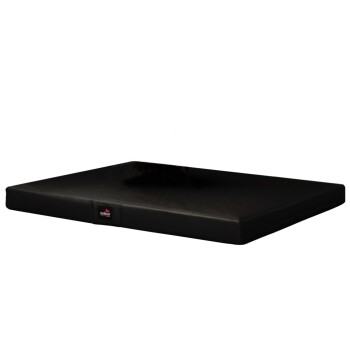 Schwarzes Haustierbett mit schlankem Design, mit einem Logo-Tag an der Seite. Ideal für Hunde oder Katzen.