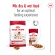 Royal Canin medium adult dog food packaging showing dry food bag and wet food pouch with a text overlay on optimal feeding.