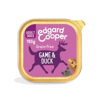 Nourriture pour chiens sans céréales Edgard Cooper, 150g, avec une étiquette violette portant la silhouette d'un cerf et le texte "Game & Duck."