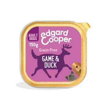 Nourriture pour chiens sans céréales Edgard Cooper, 150g, avec une étiquette violette portant la silhouette d'un cerf et le texte "Game & Duck."