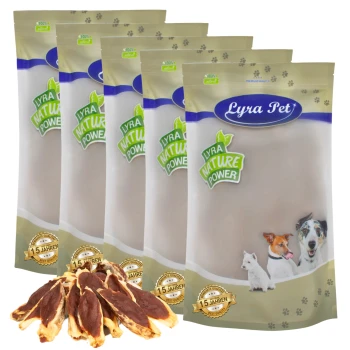 Fünf Tüten Lyra Pet natürliche Hundeleckerlis, mit einer Vielzahl von Haustieren auf der Verpackung und einem Haufen Leckerlis davor.