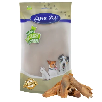 Lyra Pet Hundeleckerlipackung mit drei Hunden auf der Vorderseite, beschriftet 'Lyra Nature Power', mit einem Haufen Leckerlis davor.