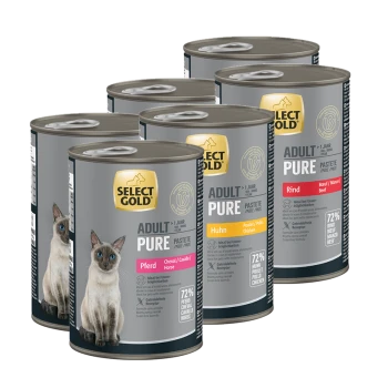 Dosen Select Gold Adult Pure Katzennahrung in Pferd-, Huhn- und Rindergeschmack mit Siamkatzenbild auf dem Etikett.