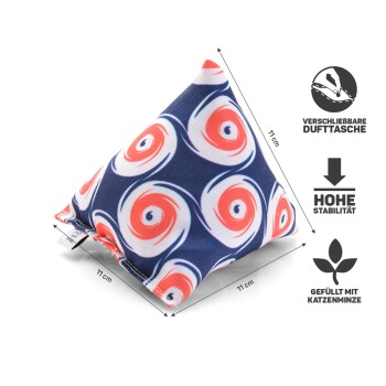 Buntes, dreieckiges Katzenspielzeug, gefüllt mit Katzenminze, mit einer Seitenlänge von 11 cm, mit einem Wirbelmuster und Stabilitätsdetails.