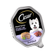 Cesar classic terrine dog food packaging featuring "with juicy lamb & chicken in jelly," showcasing a portion of the food and meat pieces.