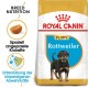 Royal Canin Rottweiler Welpenfuttertüte mit einem Rottweiler-Welpen, mit Text, der die Ernährungsbedürfnisse der Rasse und die Unterstützung des Immunsystems hervorhebt.
