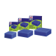 Éponge filtrante bleue en blocs de différentes tailles, emballée dans des boîtes colorées étiquetées "JUWEL Filter System" avec des détails sur le produit en allemand.