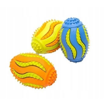 Drei bunte Gummi-Kauspielzeuge für Haustiere mit strukturierten Noppen in Blau, Gelb und Orange.