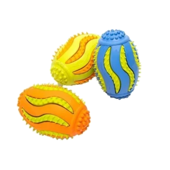 Drei bunte Gummi-Kauspielzeuge für Haustiere mit strukturierten Noppen in Blau, Gelb und Orange.