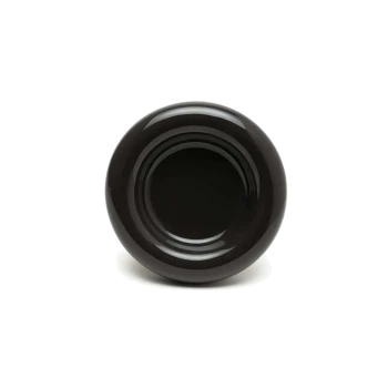 Eine glänzende schwarze Haustierfutterschüssel, von oben betrachtet, mit einem glatten, runden Design und einem leicht erhöhten Rand.