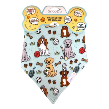 SnooZip organic cotton dog bandana (M/L) with cartoon dogs, sports balls and paw prints; packaging shows "SnooZip"