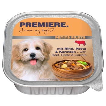 Hondenvoertas met een lachende hond, gelabeld 'PREMIERE. Ik hou van mijn hond,' in het Duits en Engels: 'mit Rind, Pasta & Karotten.'