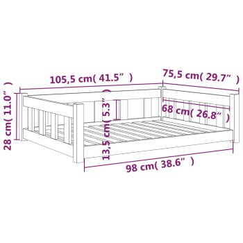 Illustration eines Haustierbettes mit beschrifteten Abmessungen: 105,5 cm (41,5") Länge, 75,5 cm (29,7") Breite, 28 cm (11,0") Höhe.