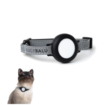 Ein graues Katzenhalsband mit einem schwarzen runden Anhänger, auf dem der Markenname "LUCYBALU" steht, neben einer Siamkatze, die nach oben schaut.