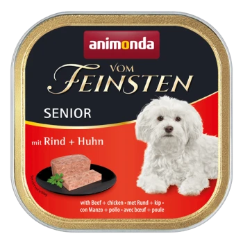 Verpackung für Nassfutter für Hunde mit einem weißen Hund, beschriftet "animonda vom Feinsten SENIOR mit Rind + Huhn" mit einem Bild eines Fleischblocks.