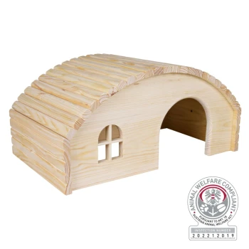 Holzhaustierhaus mit einem gewölbten Dach und einem kleinen Fenster, mit einem Tierschutzkonformitätszeichen.