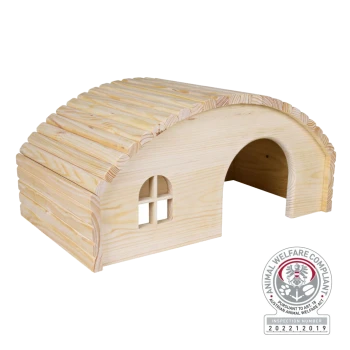 Holzhaustierhaus mit einem gewölbten Dach und einem kleinen Fenster, mit einem Tierschutzkonformitätszeichen.
