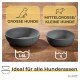 Zwei Hundenäpfe auf einer Holzoberfläche, beschriftet für große Hunde (1,6L) und mittelkleine Hunde (1L), mit dem Text "Ideal für alle Hunderassen."