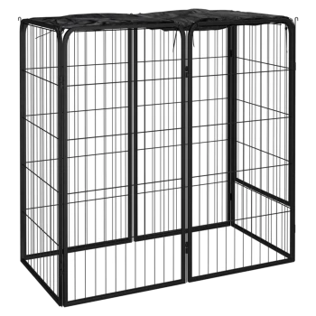 Schwarzes Metall-Haustierspielgehege mit einem Oberteil, das ein geräumiges Design und mehrere Zugangspunkte für Haustiere bietet.