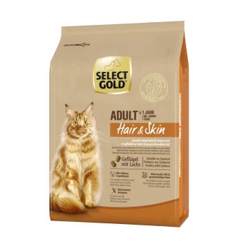 Sac de nourriture pour chat étiqueté "SELECT GOLD ADULT Hair & Skin," présentant un chat duveteux sur le devant, avec des détails sur les ingrédients et les avantages.