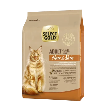 Hundefutterbeutel mit der Aufschrift "SELECT GOLD ADULT Hair & Skin," mit einer flauschigen Katze auf der Vorderseite, mit Details zu Zutaten und Vorteilen.