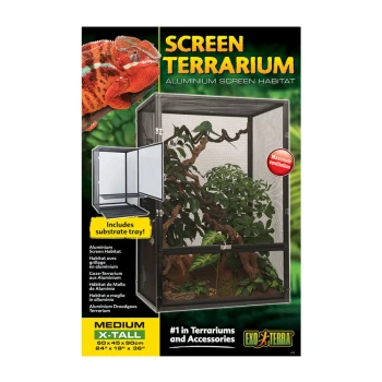Screen Terrarium 60 cm, 45 cm, 90 cm Bild eines Exo Terra Screen Terrariums mit einem mittelhohen X-hohen Aluminiumhabitat mit einem Substratbehälter, das ein Chamäleon oben links zeigt.