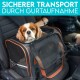 Ein Cavalier King Charles Spaniel sitzt in einer Haustiertrage, die mit einem Sicherheitsgurt im Auto gesichert ist. Der Text darüber lautet: 'SICHERER TRANSPORT DURCH GURTAUFNAHME.'