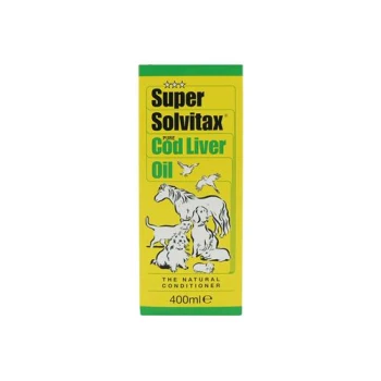 Super Solvitax Pure Cod Liver Oil 400ml pet supplement with illustrations of a horse, dog, cat, and birds on yellow packaging.