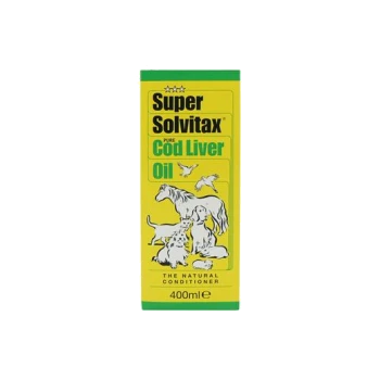 Super Solvitax Pure Cod Liver Oil 400ml pet supplement with illustrations of a horse, dog, cat, and birds on yellow packaging.