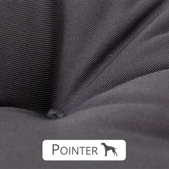 Nahaufnahme eines dunkelgrauen Hundebetts mit einem strukturierten Stoff, beschriftet mit 'POINTER' und einer Silhouette eines Hundes.