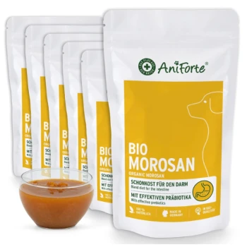 AniForte Bio Morosan Futterbeutel für Haustiere mit gelbem Etikett, Hunde-Silhouette und Schüssel mit orangener Paste; Aufschrift "BIO MOROSAN" und "Made in Germany".