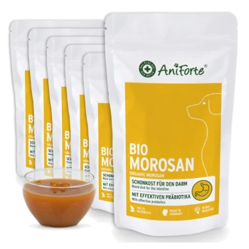AniForte Bio Morosan Futterbeutel für Haustiere mit gelbem Etikett, Hunde-Silhouette und Schüssel mit orangener Paste; Aufschrift "BIO MOROSAN" und "Made in Germany".