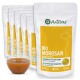 AniForte Bio Morosan Futterbeutel für Haustiere mit gelbem Etikett, Hunde-Silhouette und Schüssel mit orangener Paste; Aufschrift "BIO MOROSAN" und "Made in Germany".