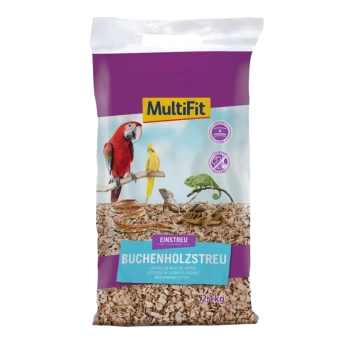 A 2.4 kg bag of MultiFit beechwood litter, featuring a colorful design with a parrot, canary, chameleon, and tortoise.