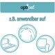 Bild zeigt das "optipet"-Logo und den Text "z.B. anwendbar auf" mit drei Symbolen, die Anwendungen auf einer Decke, Kleidung und Möbeln veranschaulichen.